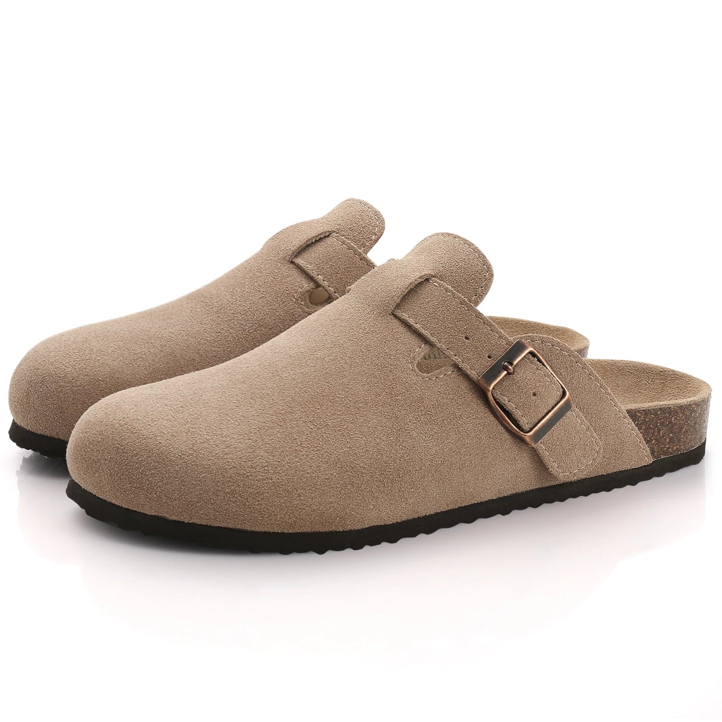 Comwarm Fashion Women's Suede Mules Slippers Men Clogs Cork Insole Sandals With Arch Support Outdoor Beach Slides Home Shoes