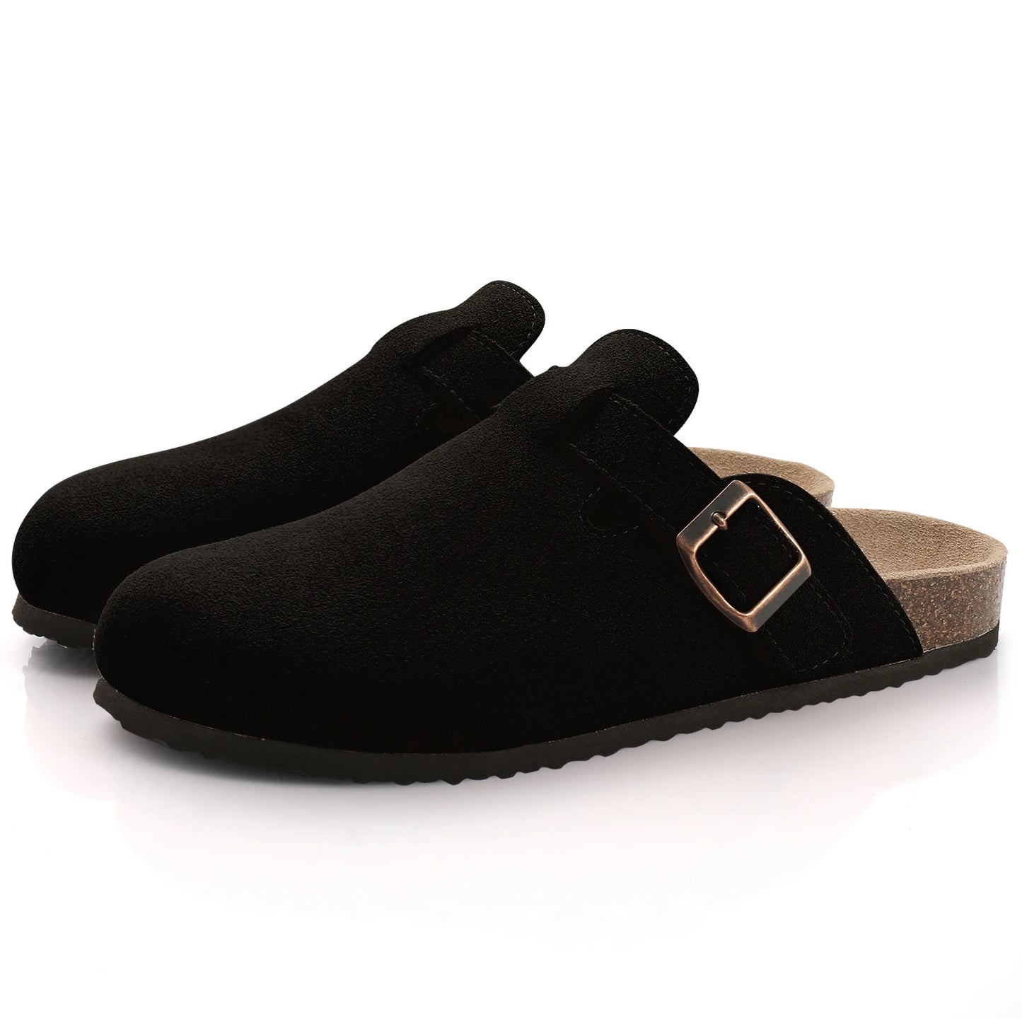 Comwarm Fashion Women's Suede Mules Slippers Men Clogs Cork Insole Sandals With Arch Support Outdoor Beach Slides Home Shoes